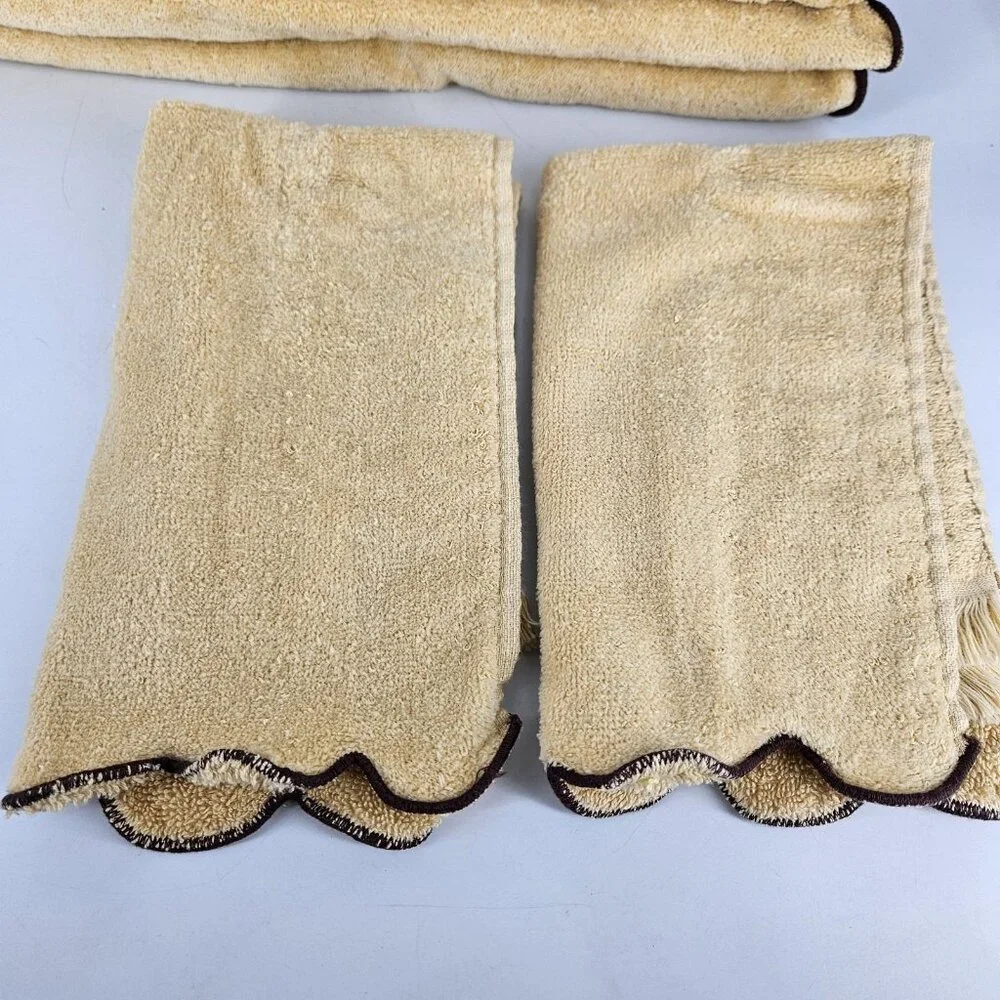 Fieldcrest Beige Gold Cotton Bathroom Towel Linen Bath Hand Scallop Edge Set 5